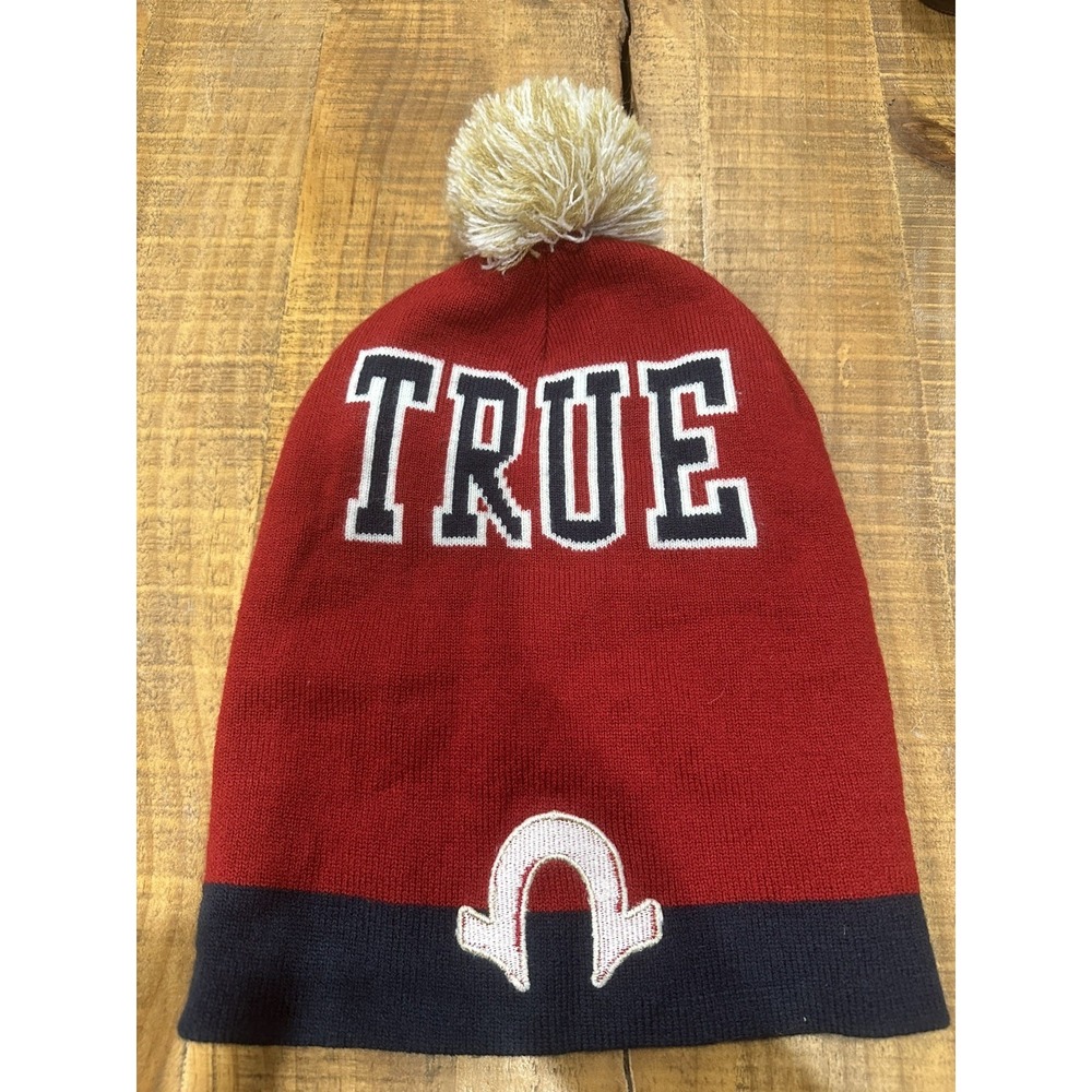 True Religion Unisex‎ Embroidered Beanie Hat - Red Blue White Pom